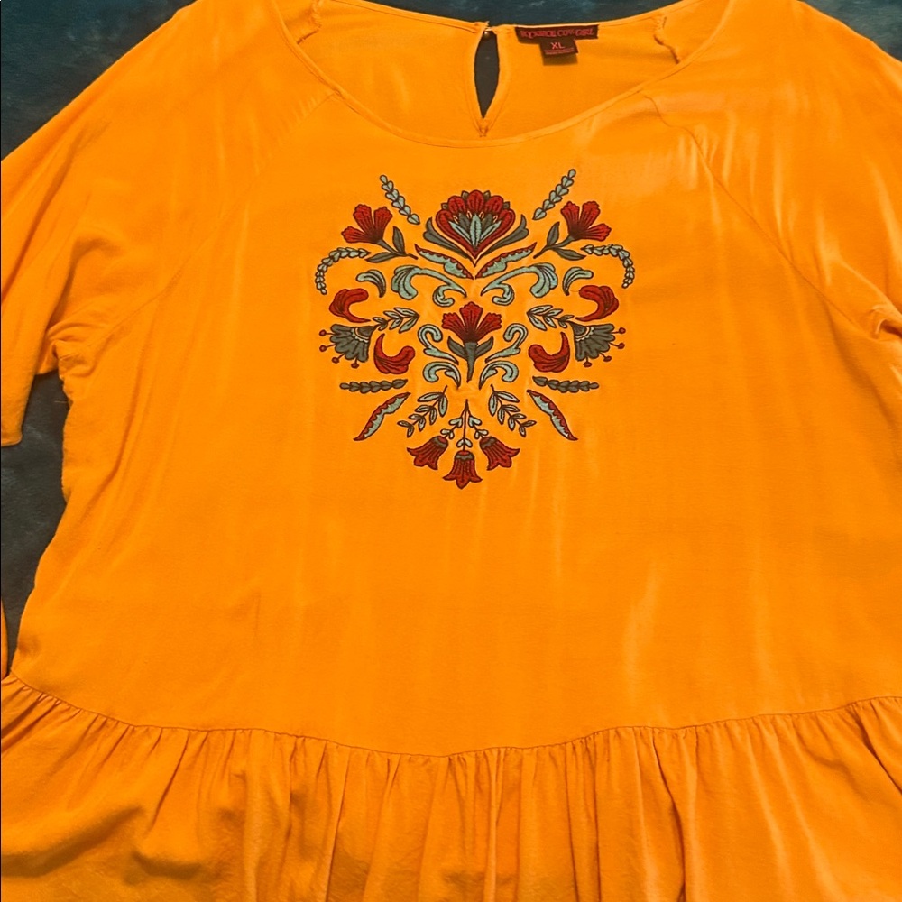 Rock & Roll Cowgirl Gold Bell Sleeve Graphic Blouse